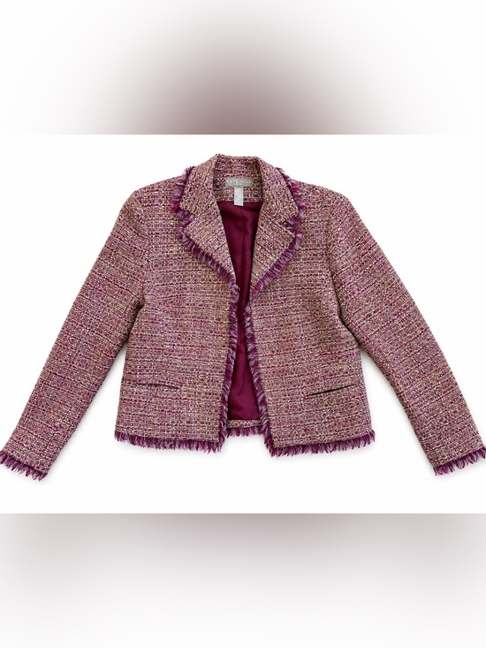 Kate Hill Jackets & Blazers - Kate Hill Petite Tweed Bouclé Blazer Jacket Wool Blend Size 8P Fringe